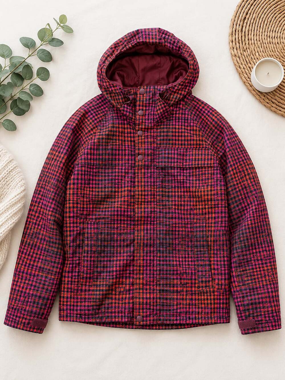 Burton Gingham Red Pink Hooded Jacket Size L (k1)
